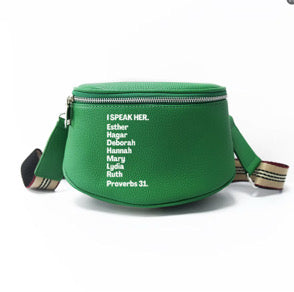 ISPEAK HER MONEY GREEN MESSENGER BAG